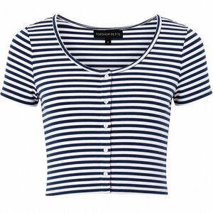 Topshop Petite Womens Striped Crop Top Button Front Navy White Tee Sz 6 Nautical